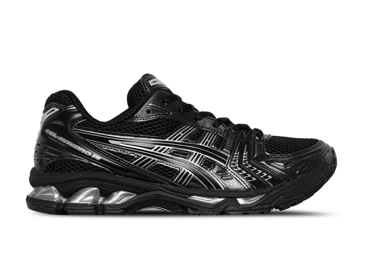 ASICS GelKayano 14 — Metallic Silver  Black Man Shoes