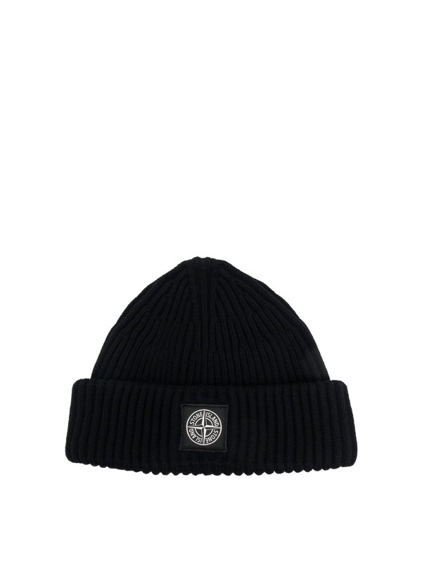 Stone Island Compass Patch Ribbed Beanie - Black Men Beanie