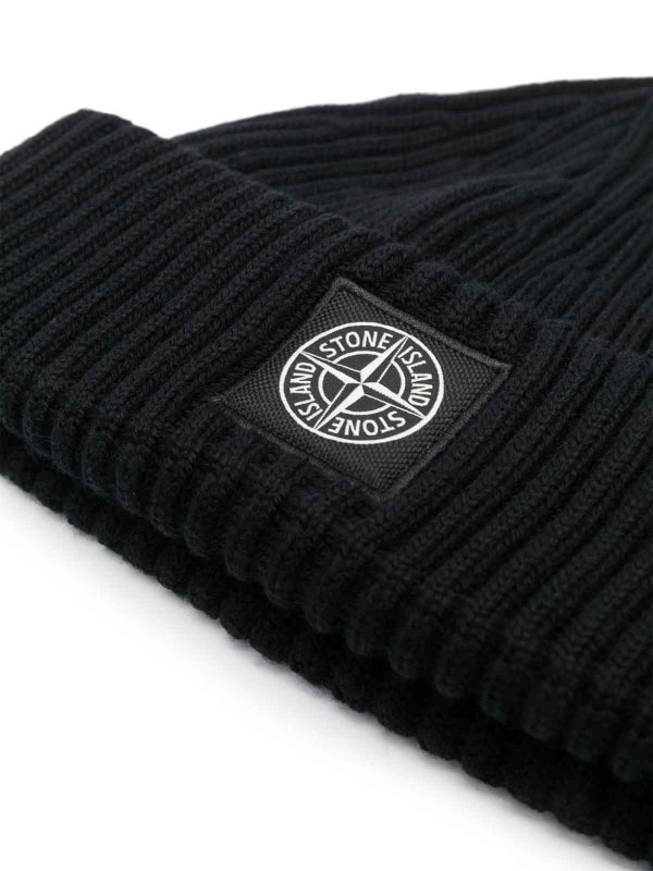 Stone Island Compass Patch Ribbed Beanie - Black Men Beanie