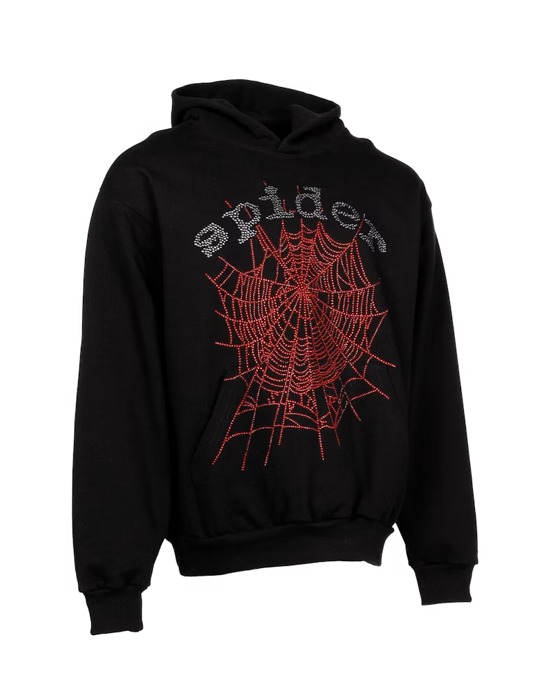 Sp5der 555555 Rhinestone Hoodie- Black Men Hoodies